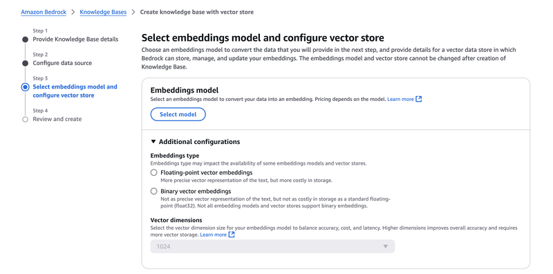 Select embeddings model and configure vectore store