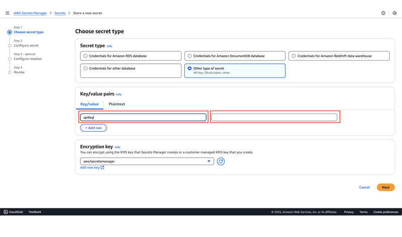 Create a key-value pair in AWS Secrets Manager