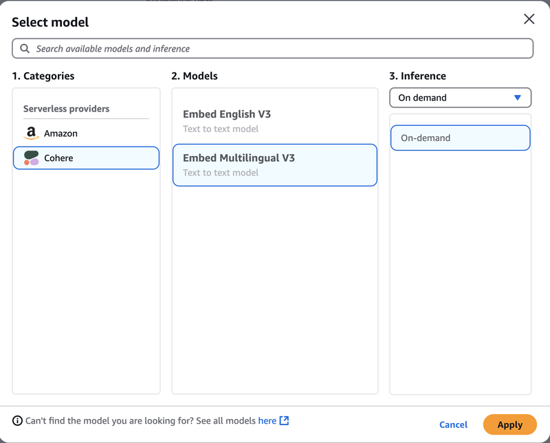 Select Cohere Embed Multilingual as our text embedding model